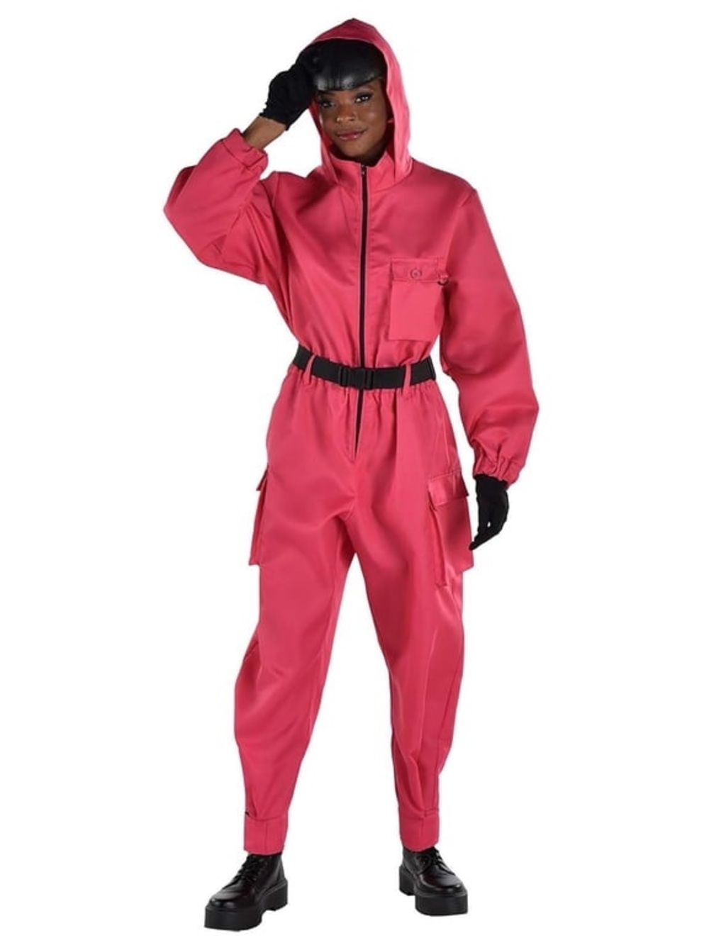 Women's squid games Pink Hooded Cargo Jumpsuit with belt and gloves
(No Mask)